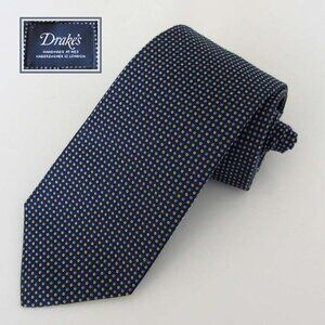 Drake's micro pattern navy neck tie handmade England 100% silk